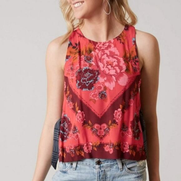 Free People Floral Scoop Neck Sleeveless Side Tie Pink Tank Top Size XS - Picture 15 of 16
